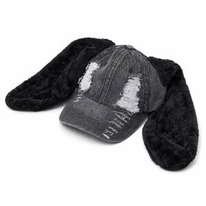Black Distressed Denim Hat with Fluffy Ears